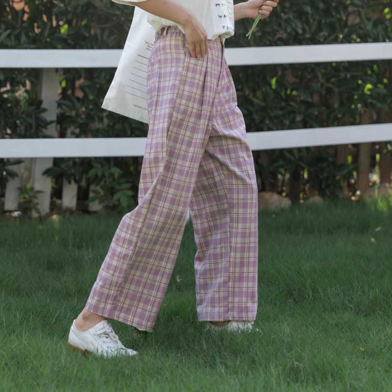 Casual Loose Elastic Waist Plaid Pants for Women Sweet Fresh All-match Wide Leg Trousers Fashion Office Lady Bottoms 210525