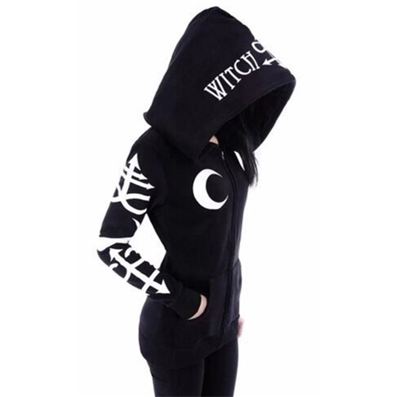 Rosetic Goth Hooded Black Hoodie Women Gothic Casual Moon Print Chic Black Hoodies Plus Size Fashion Streetwear Sweatshirt 201202