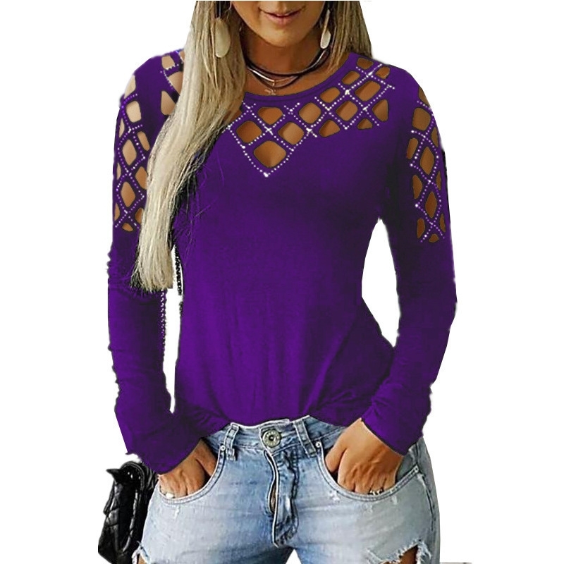 Long Sleeve Shirt Women Sequined Punk Tshirt Hollow Out Tee Shirt Femme Black Tshirt Autumn Womens Clothing T200110