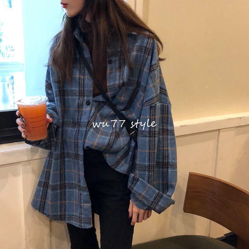 Women Autumn Winter Long Sleeve Blouse Fleece Shirts Loose Female Plaid Blouse Casual Street Lady Korean Oversized Top 210225