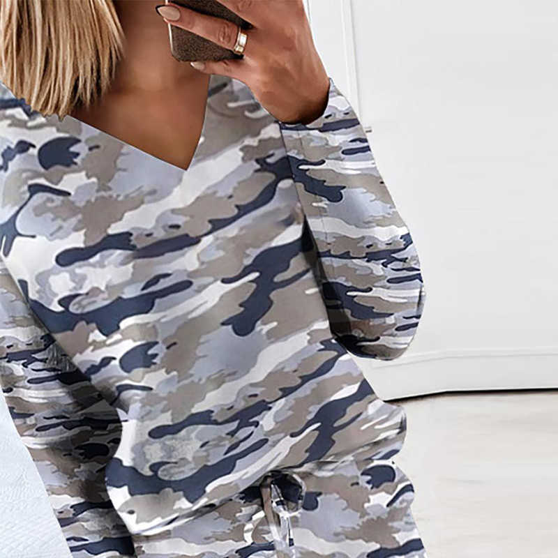 Casual Camouflage Sports Suits Women V-neck Long Sleeve Tops And Drawstring Long Pants Two Piece Set Female Streetwear Tracksuit 210709