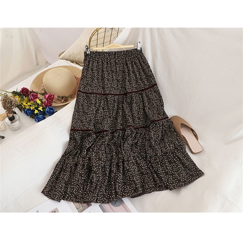 Autumn & Winter Arrival Korean Style Floral Print Aline Skirt Stitching Chiffon Skirt Velvet Skirt 210306