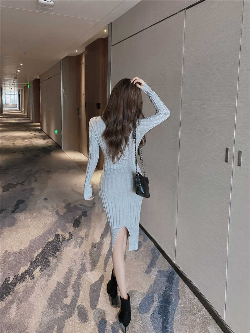 WOMENGAGA Autumn Winter Korean Turtleneck Knitted Long Sleeves Knitting Tops Striped Fold Dress Dresses Robe B2IA 210603