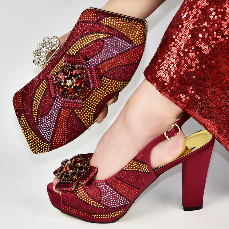 Fuchsia Color Ladies Italian Shoes and Bag Set Decorated with Rhinestone Italian Shoes with Matching Bags Wedding Party