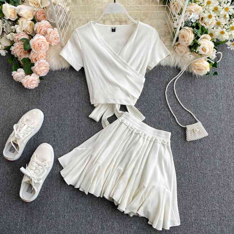 Chic Thin Suit Women Fashion Female Summer Short Sleeve Tops + High Waist Skirts Two Piece Sets L716 210527