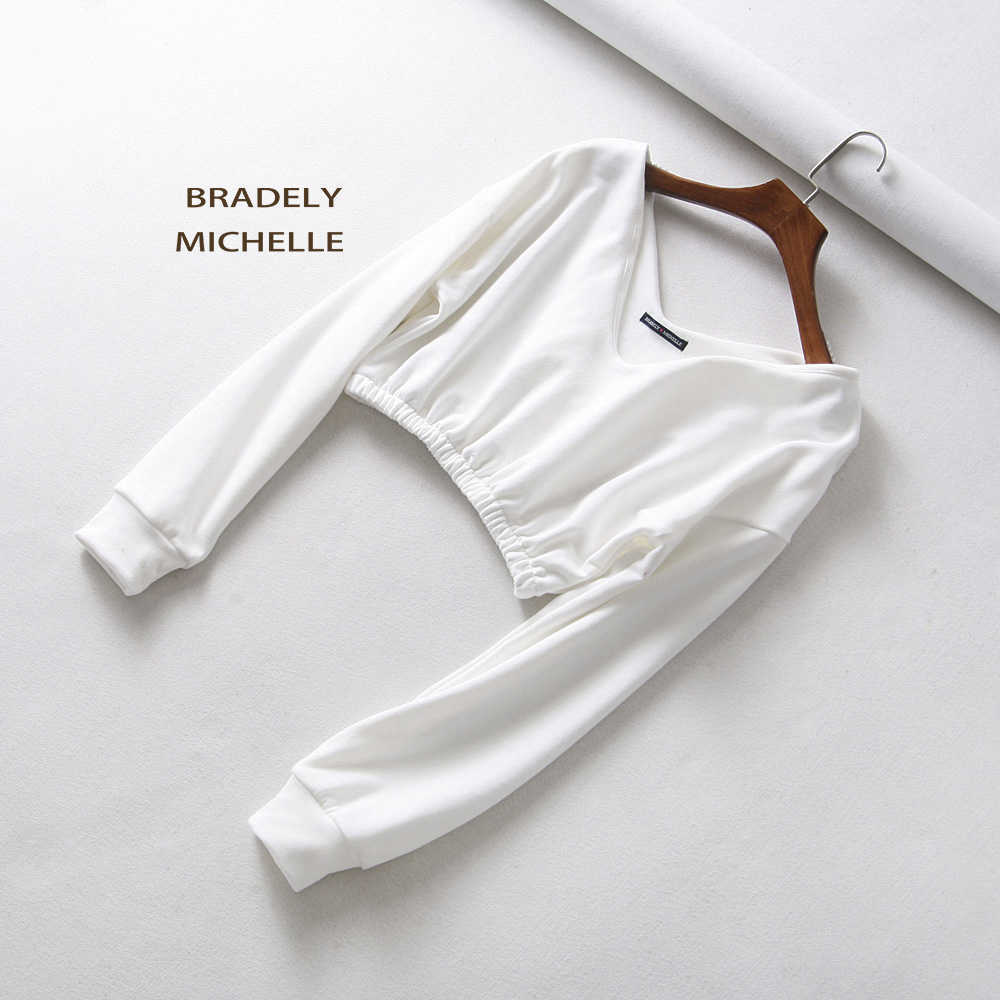BRADELY MICHELLE women sexy sweatshirt streetwear hoodies hip pop crop top female long sleeve deep vneck pullovers 210816