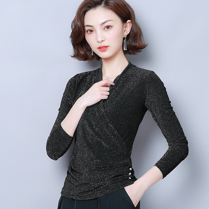New Long Sleeve Women T Shirt Casual V-neck Slim Autumn Winter Women Tees Tops Ladies Clothes 210302