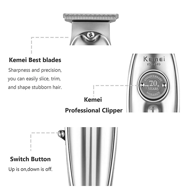 Kemei 1949 Professional Hair Clipper All Metal Men Electric Cordless Trimmer 0mm Baldheaded T Blade Finish cut Machine 220216