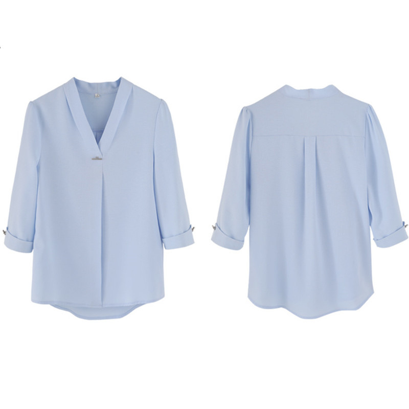 Fashion Women Chiffon Shirt New Summer V Neck Half Sleeve Slim Blouse Office Ladies Formal Plus Size Tops 210225