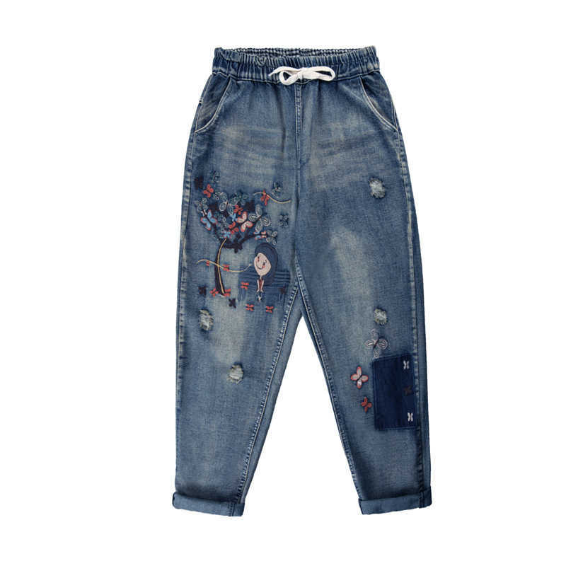 Women Spring Summer Fashion Korea Style Vintage Girl Under Tree Embroidery Oversize Ankle Length Lady Female Loose Harem Pants 210922
