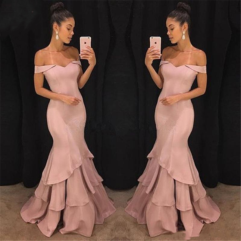 2021 Long Mermaid Prom Dresses Off Shoulder Satin Formal Evening Gowns Tiered Skirt Back Zipper Plus Size Prom Party Wear For Girls Women