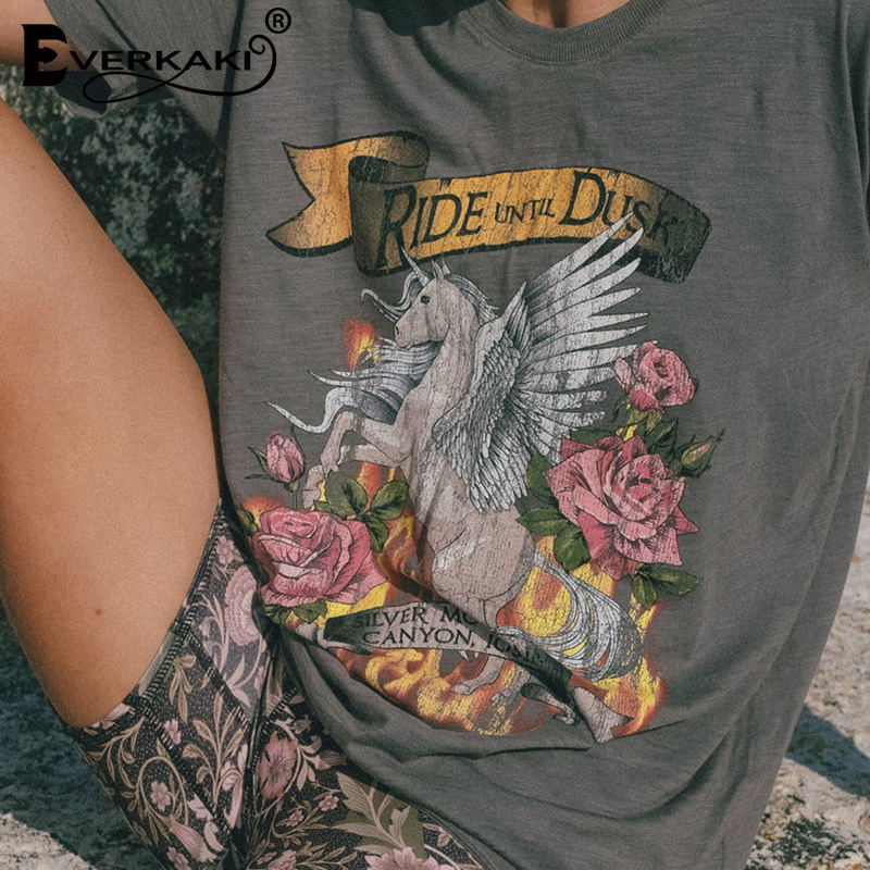 Everkaki Boho Print T-shirt Top Women Summer Gypsy Tees Ethnic Ladies Vintage Tops T-shirts Retro Casual Female New Fashion 210302