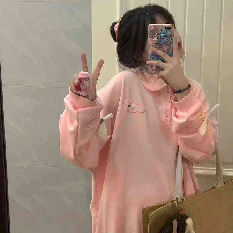 QWEEK Kawaii Hoodies for Girls Anime Polo Sweatshirt Women Long Sleeve Pink Pullovers Harajuku Sportswear Kpop Soft Cute Tops 211108