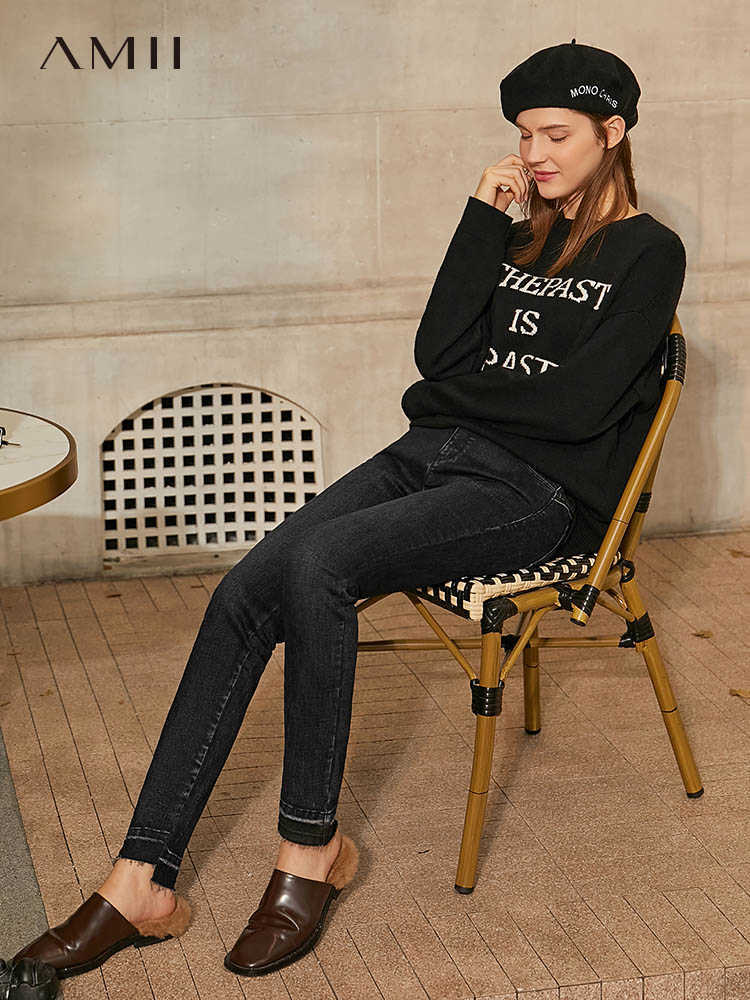 Minimalism Winter Jeans For Women Fashion Black Zipper Straight Female Trousers Causal Women's 12030589 210527