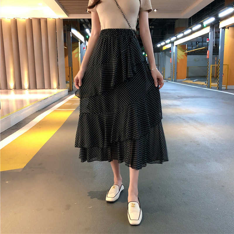 Summer Women's Long Skirt Ruffle Polka Dot Irregular High Waist Female A-line Skirts Korean Japan Kawaii Bohemian Lady 210619