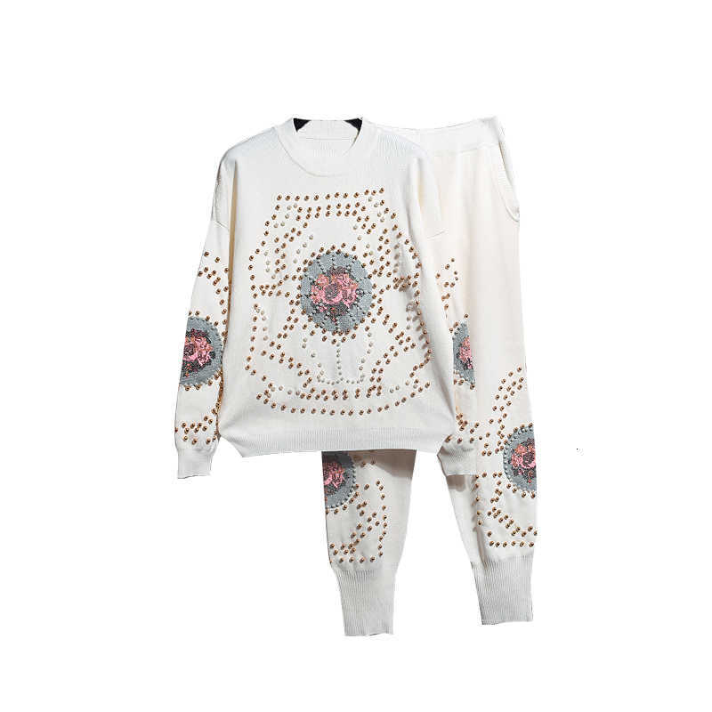 DEAT Autumn Spring Long Sleeve O Neck Knitted Embroidery Sweater Jumper Elastic Pants Tracksuit Women 19J-a3 210709