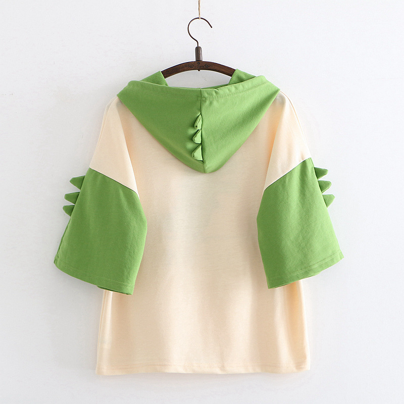 Women Dinosaur Short Sleeve Hooded Cotton T Shirt Summer With Horns Harajuku Hooded Girls Teens Green Tops Tees YUPINCIAGA T200512