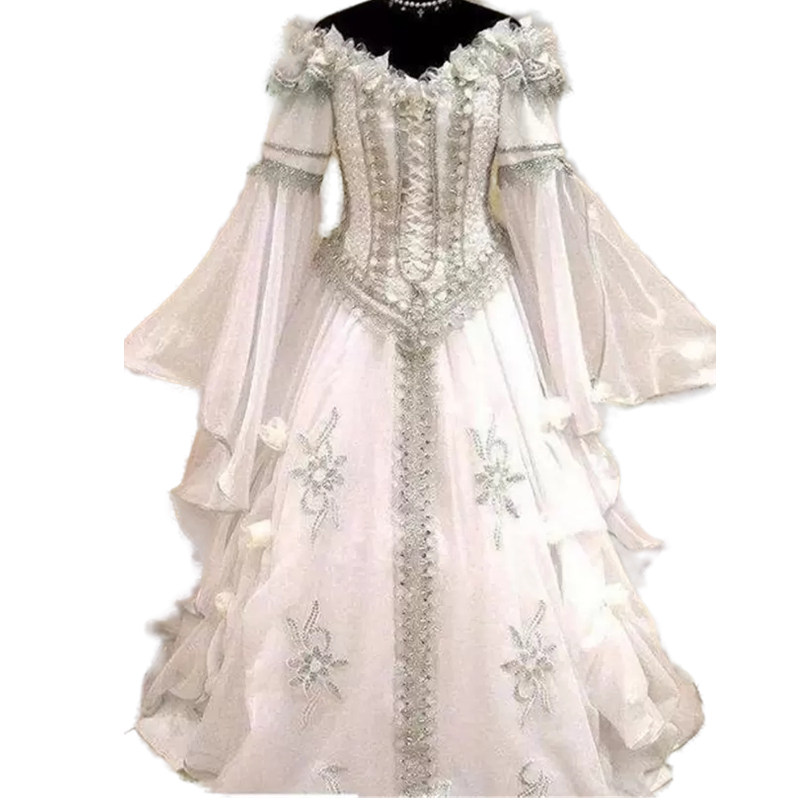 Moroccan Kaftan A-Line Wedding Dresses Flare Long Sleeve Bridal Gowns V-Neck Vintage Victorian Gothic Holloween Lace-up Corset Bride Dress Custom Made