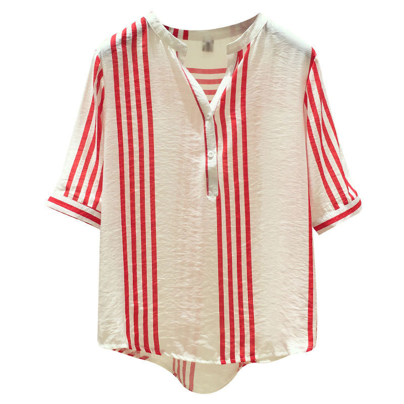 F&je New Summer Women Shirt Plus Size Short Sleeve Loose Casual V-neck Ladies Tops Vertical Striped Blouses Big Size S-5XL D19 210225