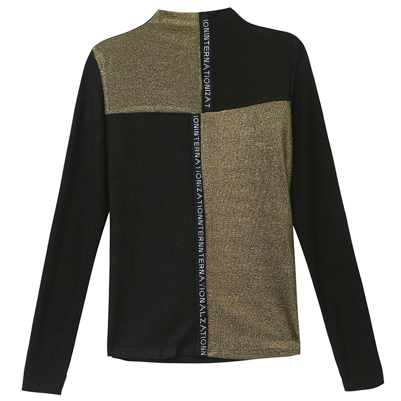 Spring T-shirt Women Shiny Diamonds Letters Color Block Mock Neck Long Sleeve T shirt Tops Tee Casual T02403B 210302