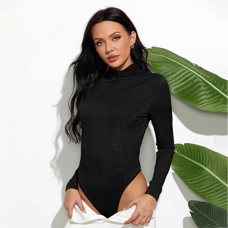 Bright Silk Black Bodysuits Women Casual Half Turtleneck Long Sleeve Rompers Autumn Winter Bodycon Bottoming Playsuits 210526