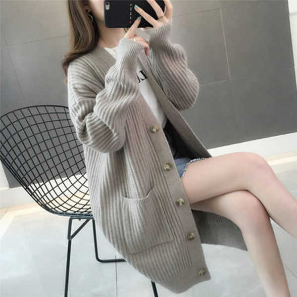 Ladies Knitted V-neck Cardigan Mid-length Casual Loose Single-breasted Coat Jacket Female Thick Outwear Women's Autumn Winter 211011Z