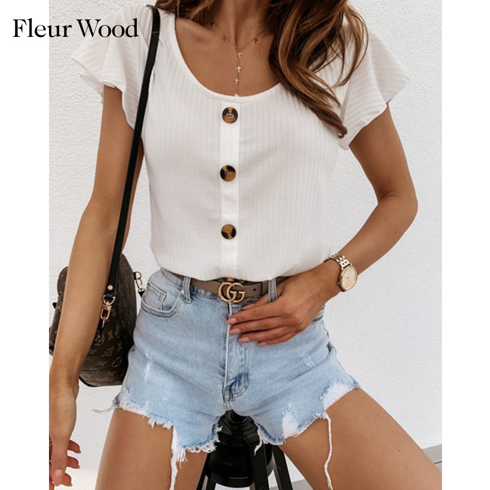 Fleur Wood Women T-shirt Sexy Solid Short Sleeve Button Slim Tee Shirt Femme Summer camisetas verano mujer Plus Size Tops T200614