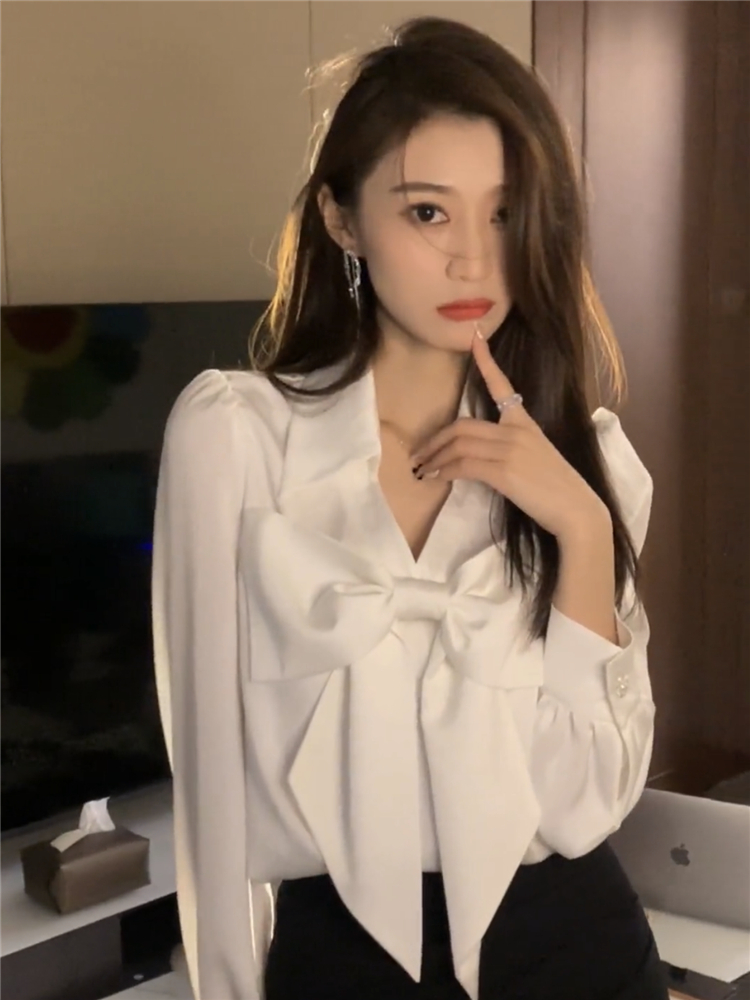 New design womens turn down long sleeve bow patched blouse OL shirt tops SMLXL