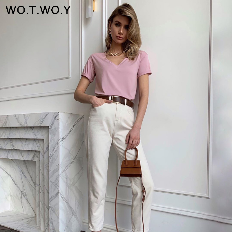 WOTWOY Summer Knitted V-Neck T-Shirt Women Cotton Basic Solid Tee Shirt Female Short Sleeve Kintwear Tops Harajuku Tshirt Ladies 210306