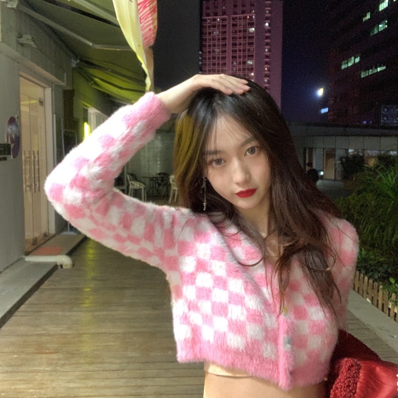 Pink Women Knitted Cardigan Sweaters Long Sleeve V-neck Plaid Crop Tops Casual Outwears Single Breasted Short Coat 210218