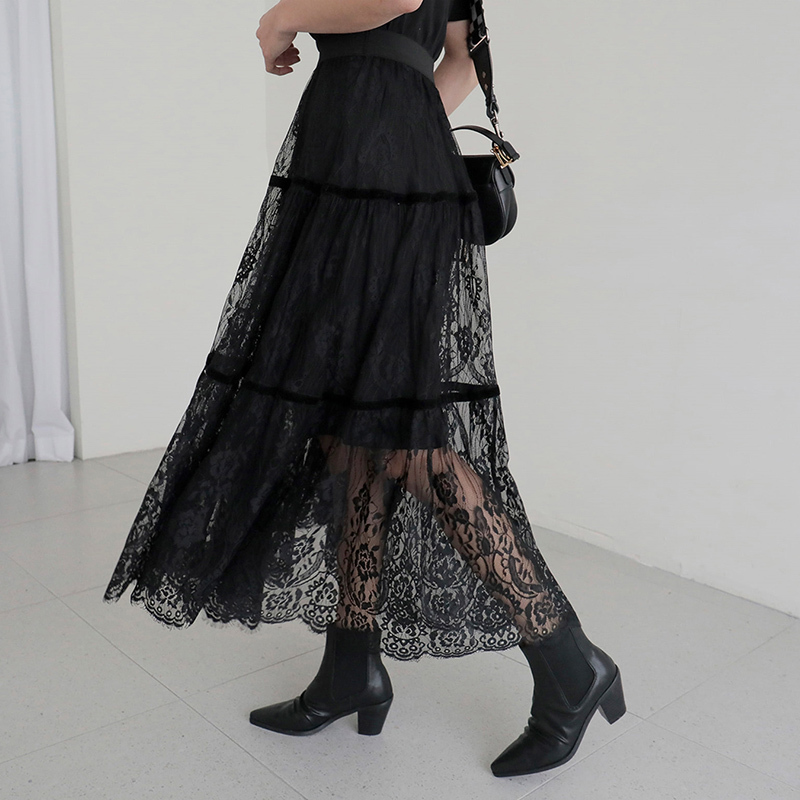 CHEERART Lace Black Midi Ladies Women High Korean Elastic Waist Long Skirt Clothes 210306