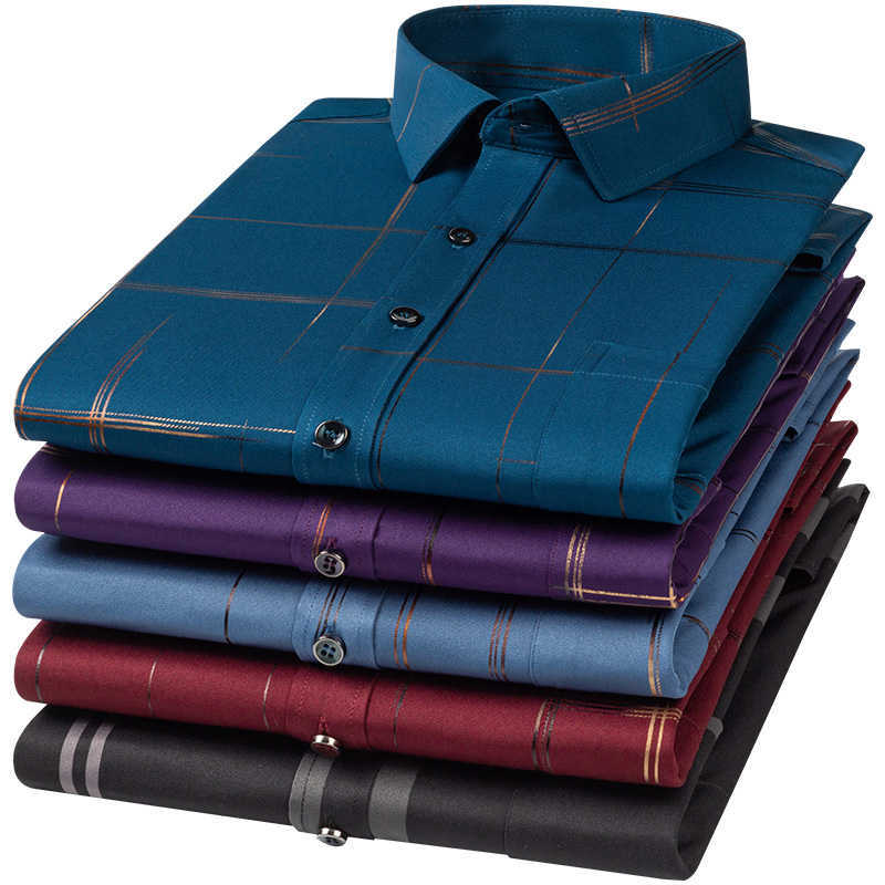 Holiday Style Casual Stretch Long Sleeve Print Shirts Single Patch Pocket Standard-Fit Comfortable Soft Thin Men's Fashion Shirt 210730