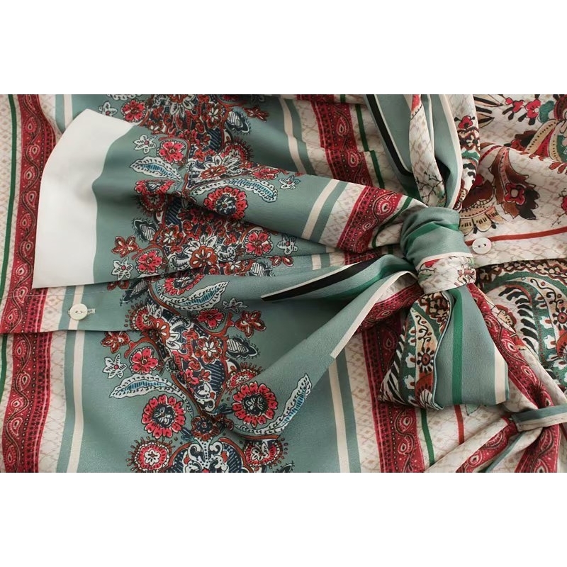 Women Vintage Position Cashew Floral Print Sashes Shirtdress Ladies Long Sleeve Business Vestidos Chic Side Split Dresses DS3379 T200603