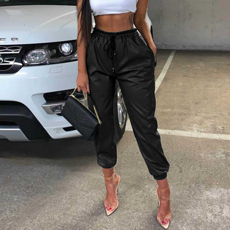 Women PU Leather Pants Fashion Street Lady Elastic Waist Pencil Pants Autumn Drawstring Sweatpants Pockets Cool Trousers GV109 211006