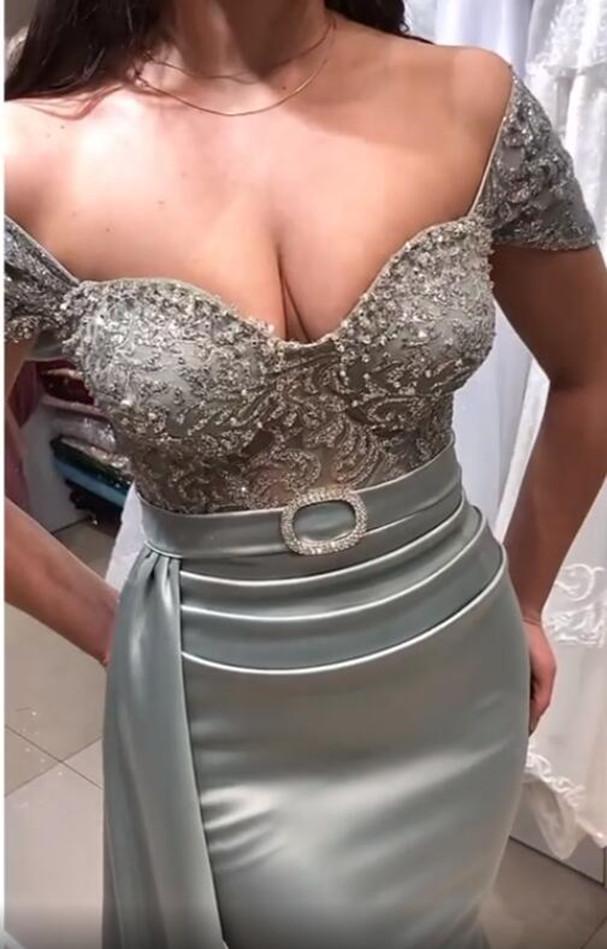 Aso Ebi Silver Grey Mermaid Evening Dresses Off Shoulder Detachable Peplum Women Formal Occasion Wear Lace Appliques Beaded Satin Prom Party Dress Rec