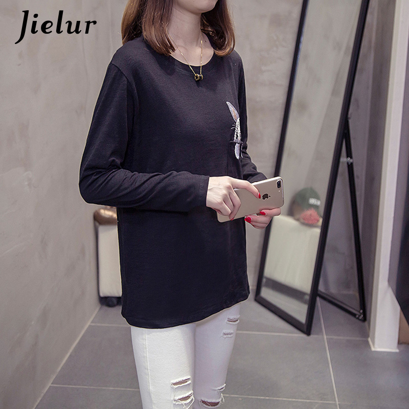 Jielur Autumn Rabbit Embroidery Women T-shirt Long Sleeve Cute Korean Tshirts White Black O-neck Girl Bottoming Tee Shirts M-XXL T200319