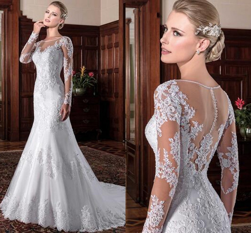 Illusion Vintage Mermaid Wedding Dress 2022 vestidos de novia Embroidery Appliques Long Sleeves White Bridal Gown robe de mariee