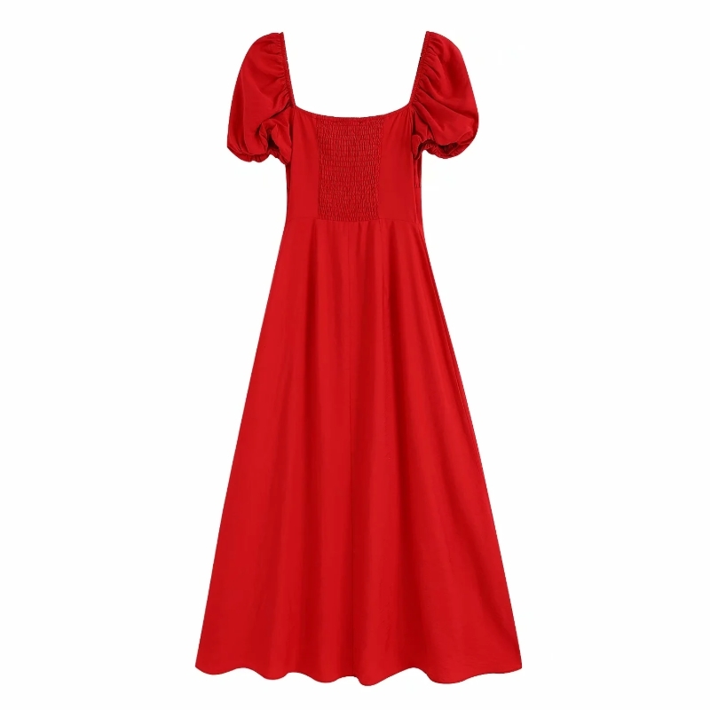 women vintage puff sleeve single breasted red midi dress female back elastic casual slim vestidos chic party dresses DS3877 210309