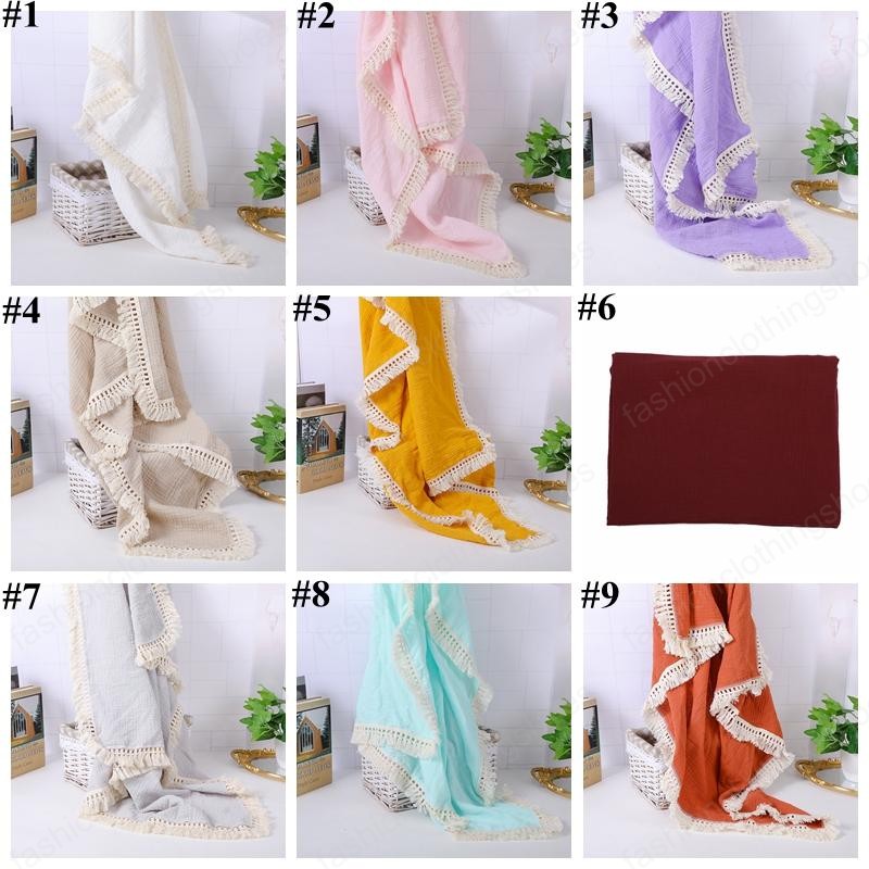 Baby Tassel Swaddling Blankets Newborn Muslin Windscreen Shawl Solid Candy Lace Double Cotton Gauze Cover Kids Fringe Bath Towel Nursery Bedding 19 Co