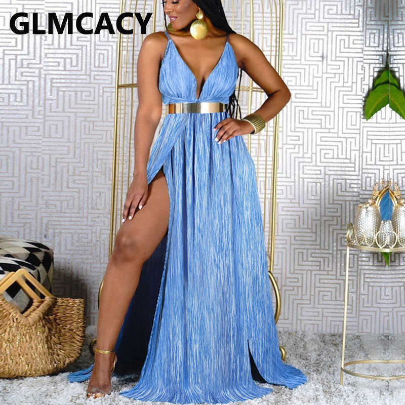 Women Spaghetti Strap Plunge V-neck Slit Maxi Dress 210702