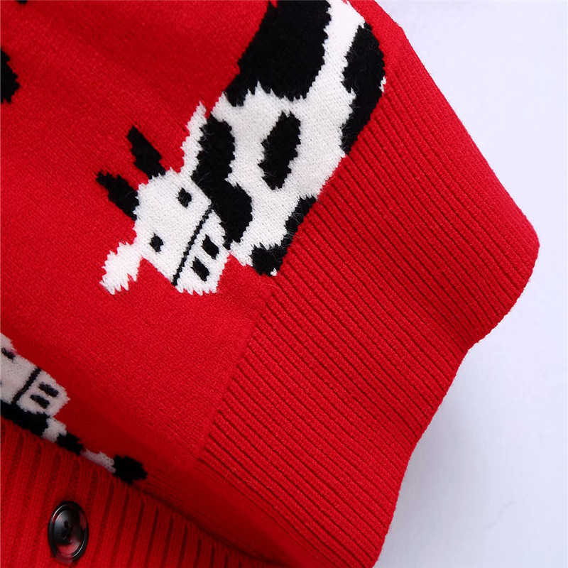 ZA Animal Print Red Knit Cardigan Women Long Sleeve V Neck Loose Cute Sweater Woman Fashion Plus Size Knitted Long Top 210602