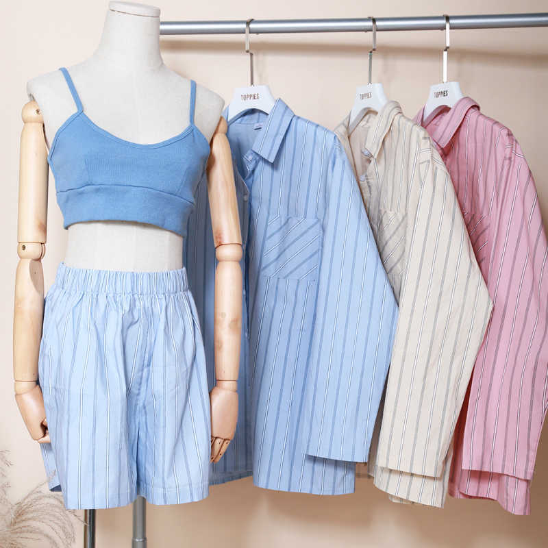Toppies Casual Striped Tracksuits Woman Shorts Set Oversize Shirt High Waist Shorts Two Piece Set Female Clothes 210924