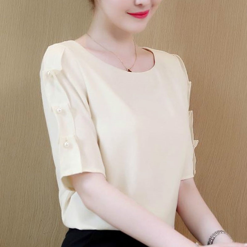 Fashion women shirt Chiffon Tops beaded Short Sleeve shirt women green and white shirt ladies tops women clothes 0744 30