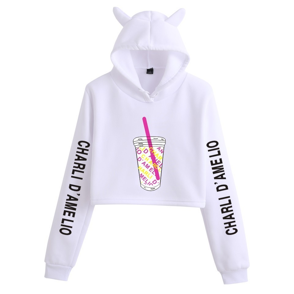 Charli Damelio Merch Hoody Crop Top Hoodie Sweatshirt Cropped Splatter Cat Ear Hoodie Women Short Sweatshirts Pullover Hoodies 201102
