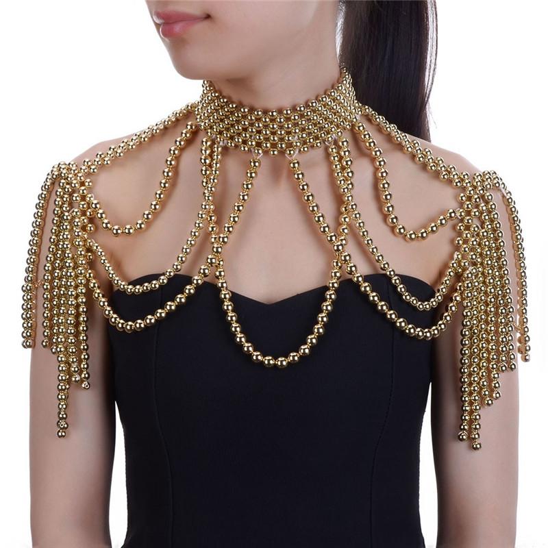 Chokers Luxury Pearl Gold-plate Beaded Chocker Necklace Gilding Statement Beading Shoulder Body Chain Party Wide Layers Fringe
Chokers Luxury Pearl Gold-plate Beaded Chocker Necklace Gilding Statement Beading Shoulder Body Chain Party Wide Layers Fringe