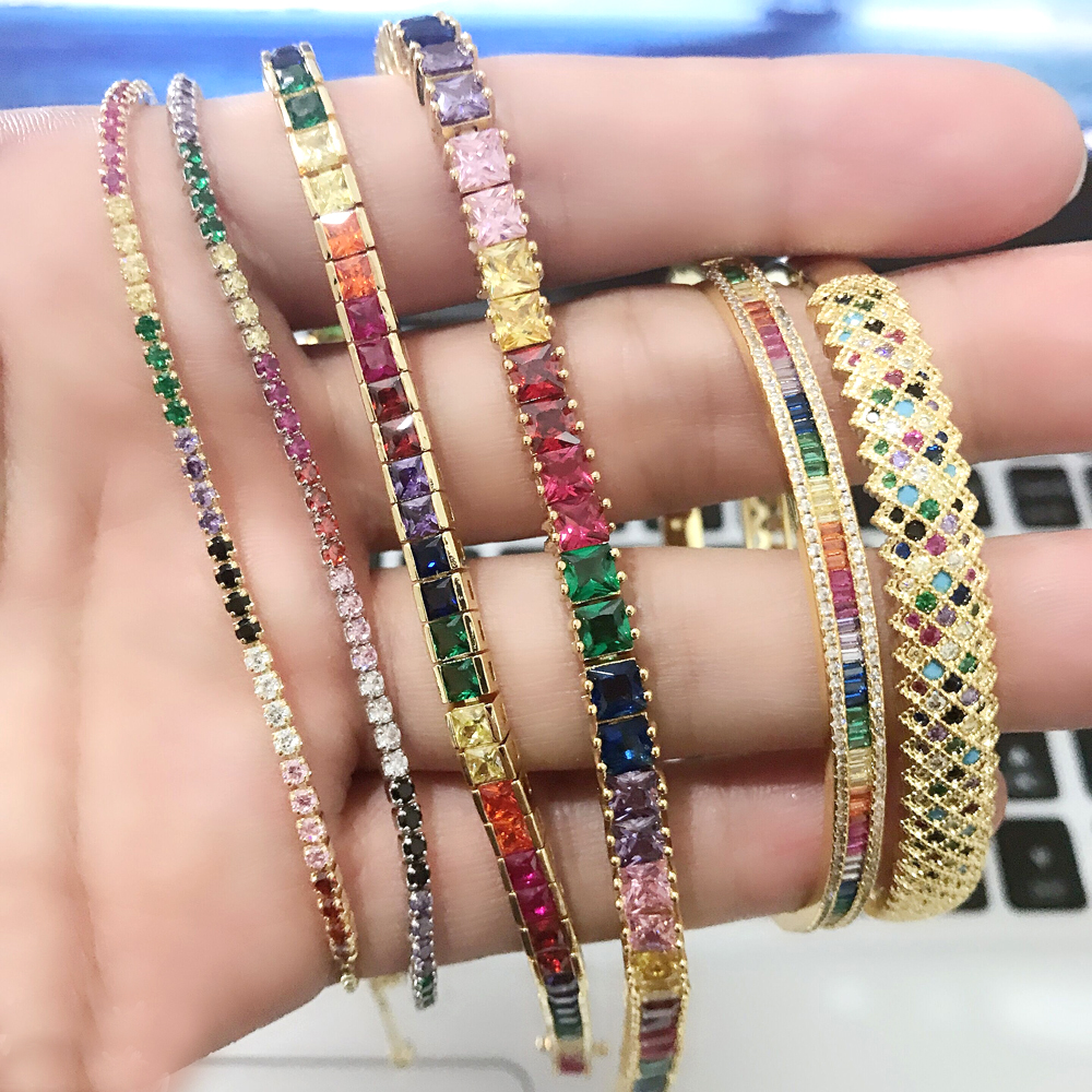 2021 new shiny cz fine fashion bracelet rainbow colorful square cz tennis chain gorgeous trendy baguette cubic zirconia bracelet