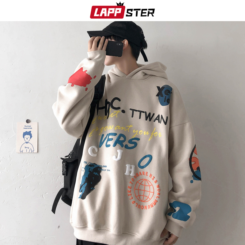 LAPPSTER Men Casual black Korean Sweatshirts Fleece Mens Japanese Streetwear Hooded Hoodie Harajuku Hip Hop Clothing 201020