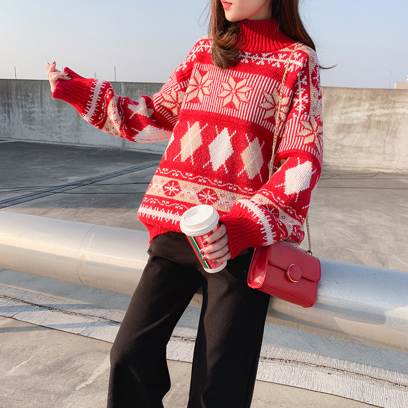 Retro autumn and winter knit pullover new Korean loose sweater women's jacket Long sleeve turtleneck 210218