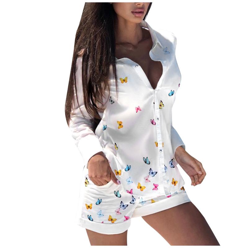 Women's Tracksuits Women Printing Long Sleeve Shorts Set Buttoned Shirt Top Design V-neck Two Piece Moda Mujer 2021 #G3