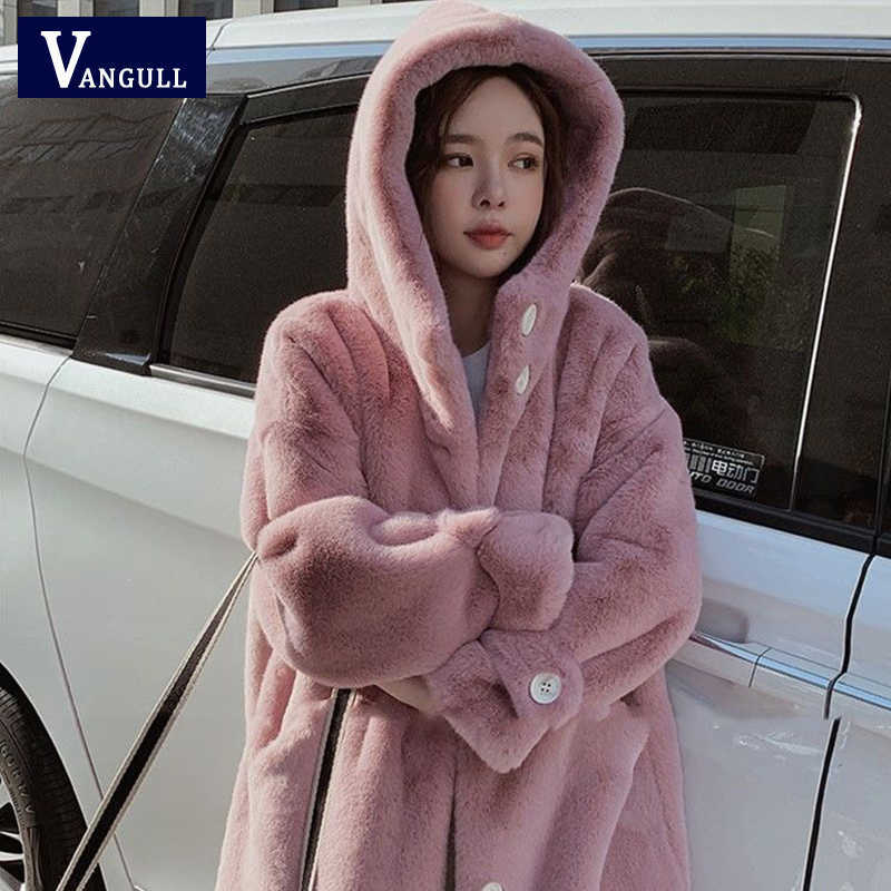 Vangull Women Winter Faux Fur Long Coat Casual Sweet Solid Warm Soft Fur Hooded Jacket Fashion Loose Thicken Plus size Coat 211019